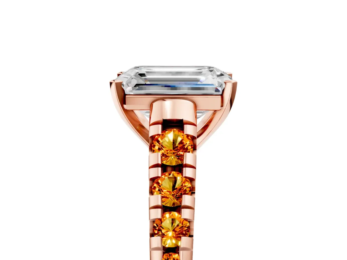 Emerald Cut Diamond Cathedral Solitaire Ring with Round Citrine Pavé Band Rose gold