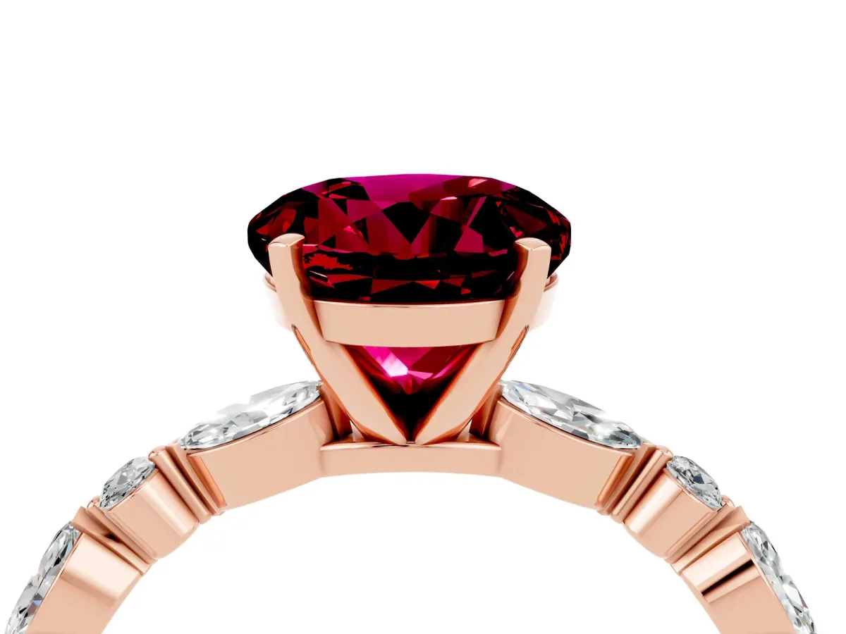 Round Cut Garnet Ring with Marquise and Round Side Stones and Four-Prong Setting Rose gold