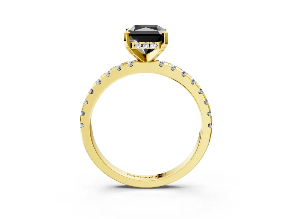 Fancy Black Radiant Cut Diamond Solitaire Ring with Round Pavé Band and Four-Prong Setting Yellow gold
