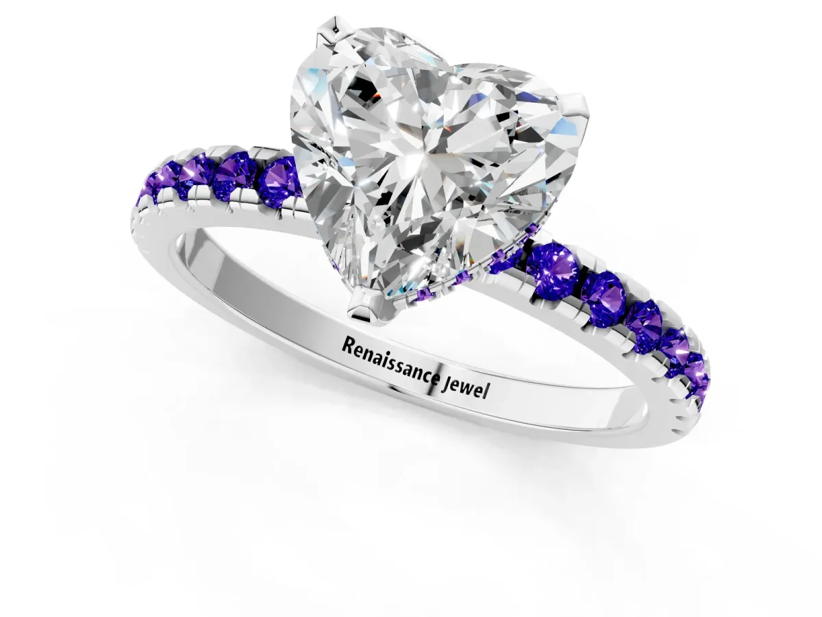 Heart Cut Diamond Solitaire Ring with Round Tanzanite Pavé Band and Four-Prong Setting Silver