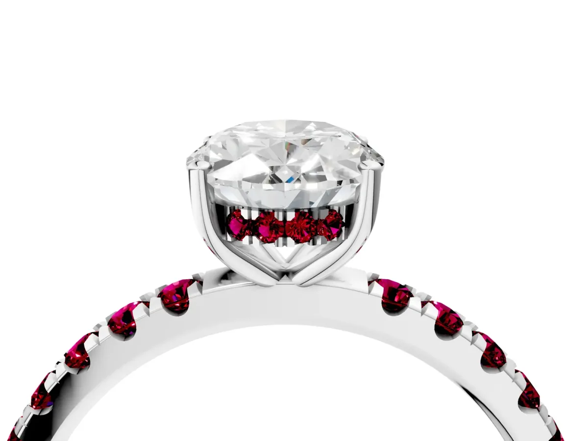 Oval Cut Diamond Pave Band Solitaire Ring with Round Garnet and Prong Setting Platinum