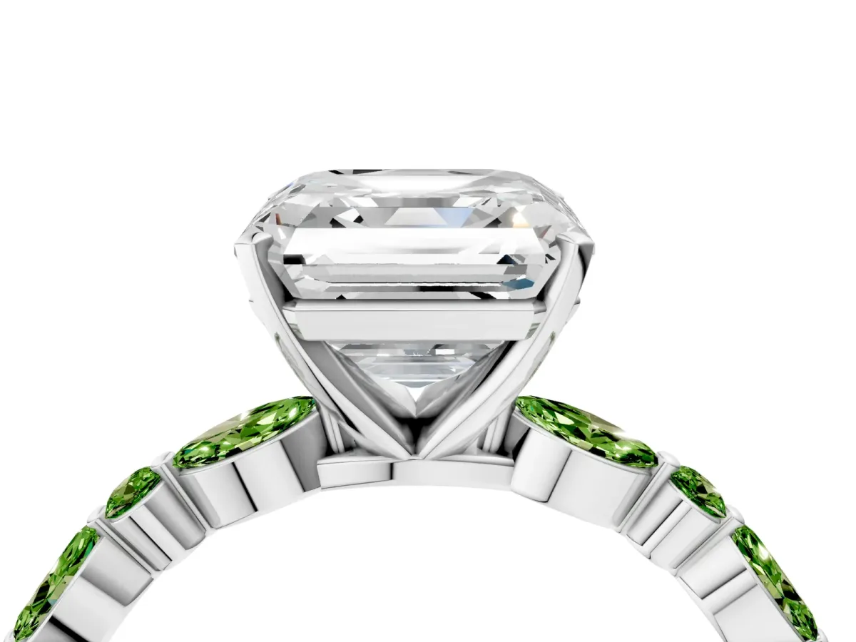 Asscher Cut Diamond Ring with Marquise and Round Peridot Side Stones and Four-Prong Setting Platinum