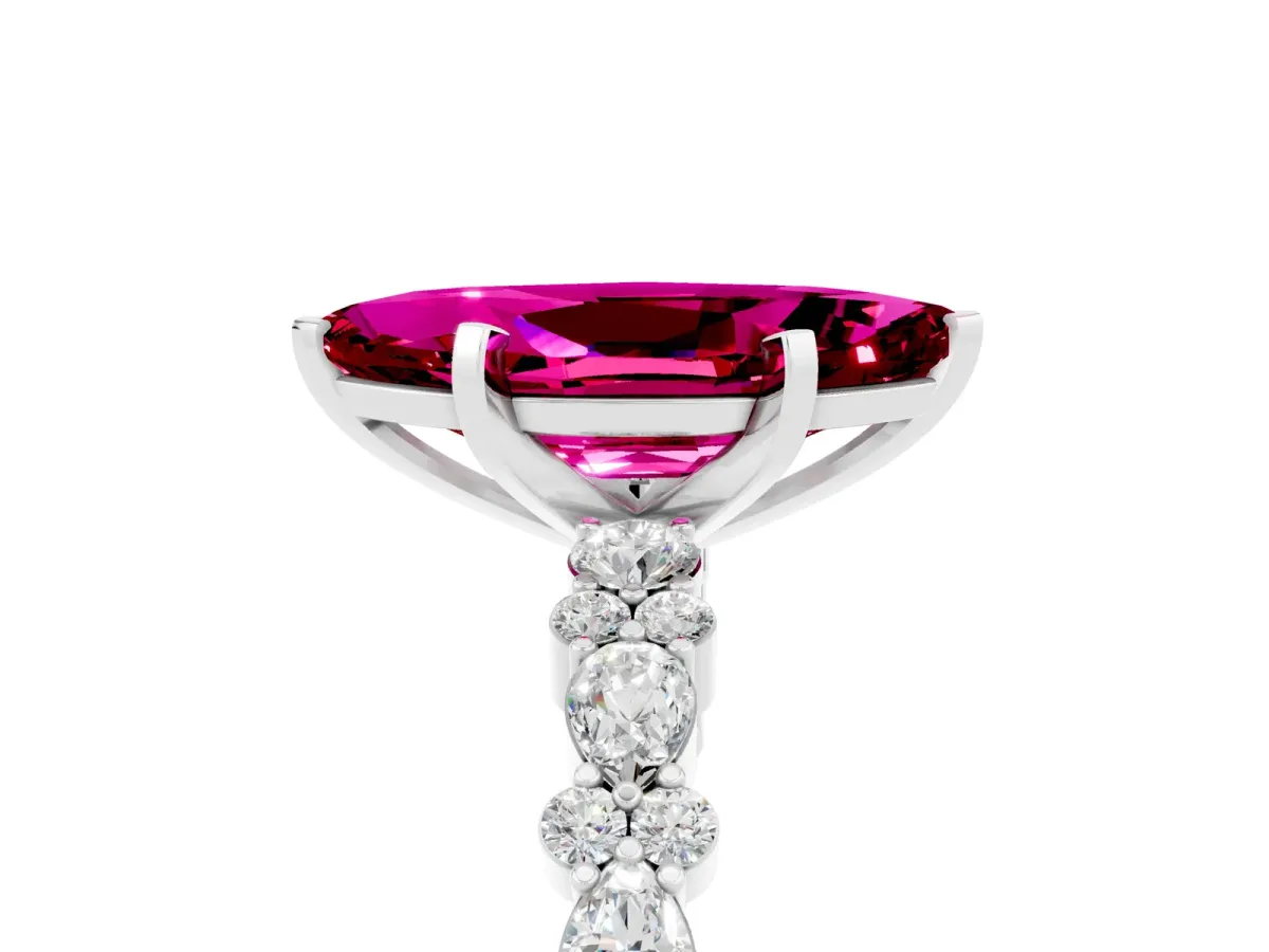 Marquise Cut Garnet Side Stone Solitaire Ring with Round and Four-Prong Setting White gold