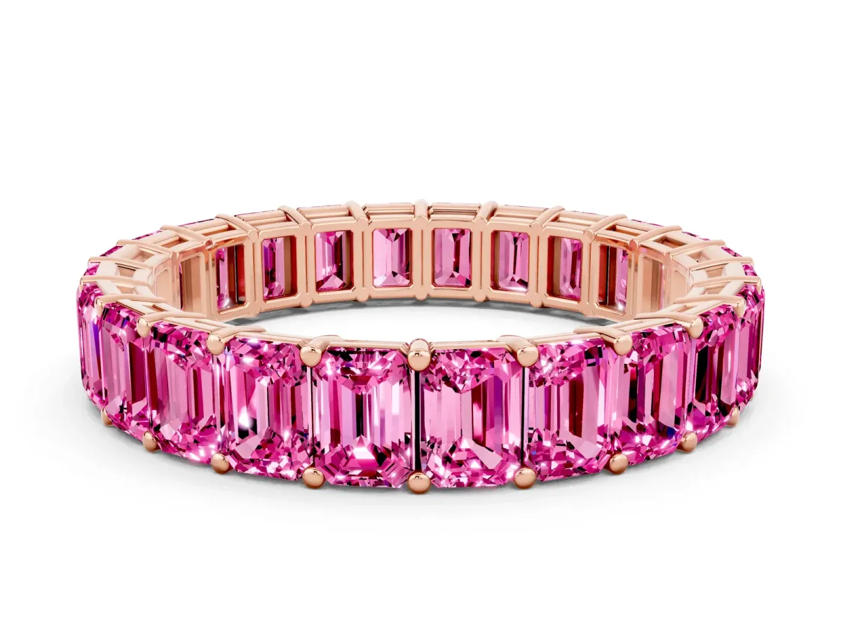 Emerald Cut Pink Sapphire Eternity Band with Shared Prong Setting Rose gold