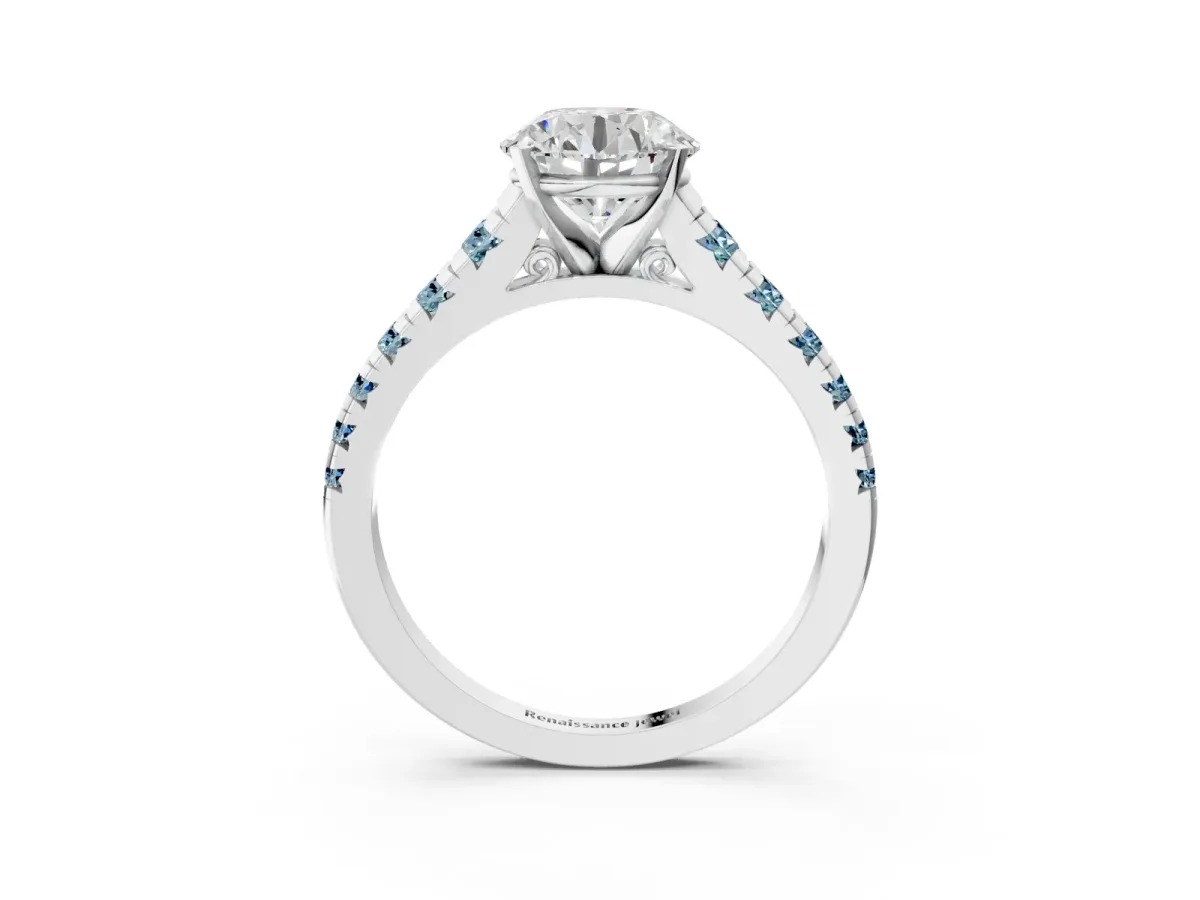 Round Cut Diamond Cathedral Solitaire Ring with Round Aquamarine Pavé Band Platinum