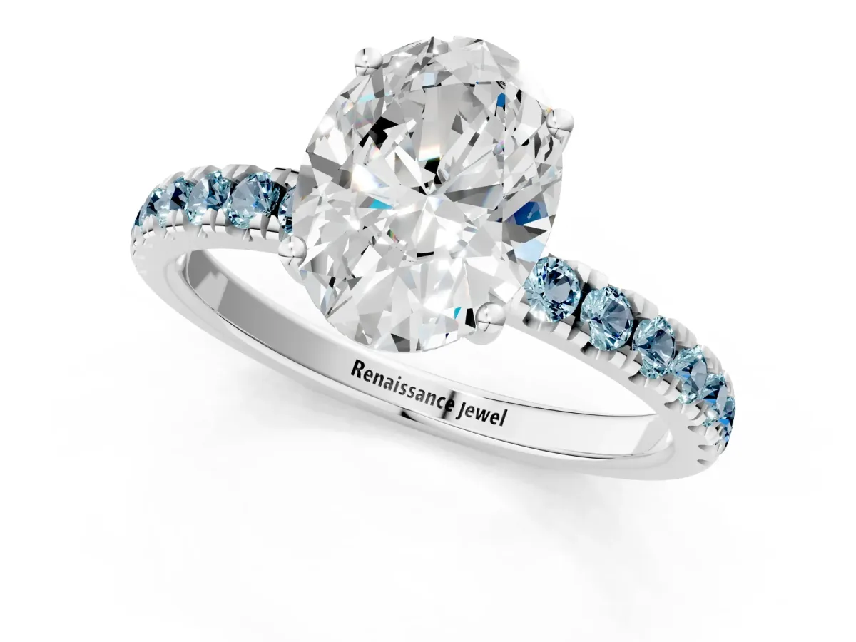 Oval Cut Diamond Pave Band Solitaire Ring with Round Aquamarine and Prong Setting Platinum