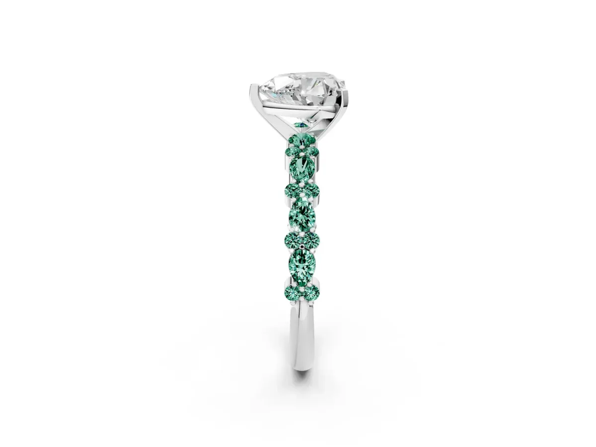 Heart Cut Diamond Side Stone Solitaire Ring with Round Green Sapphire and Four-Prong Setting Platinum