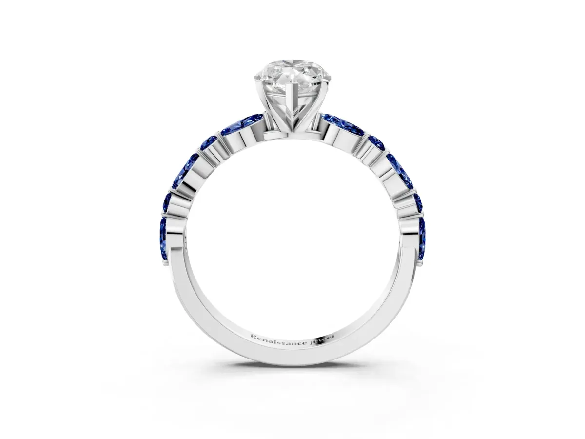 Marquise Cut Diamond Ring with Marquise and Round Blue Sapphire Side Stones and Four-Prong Setting Silver
