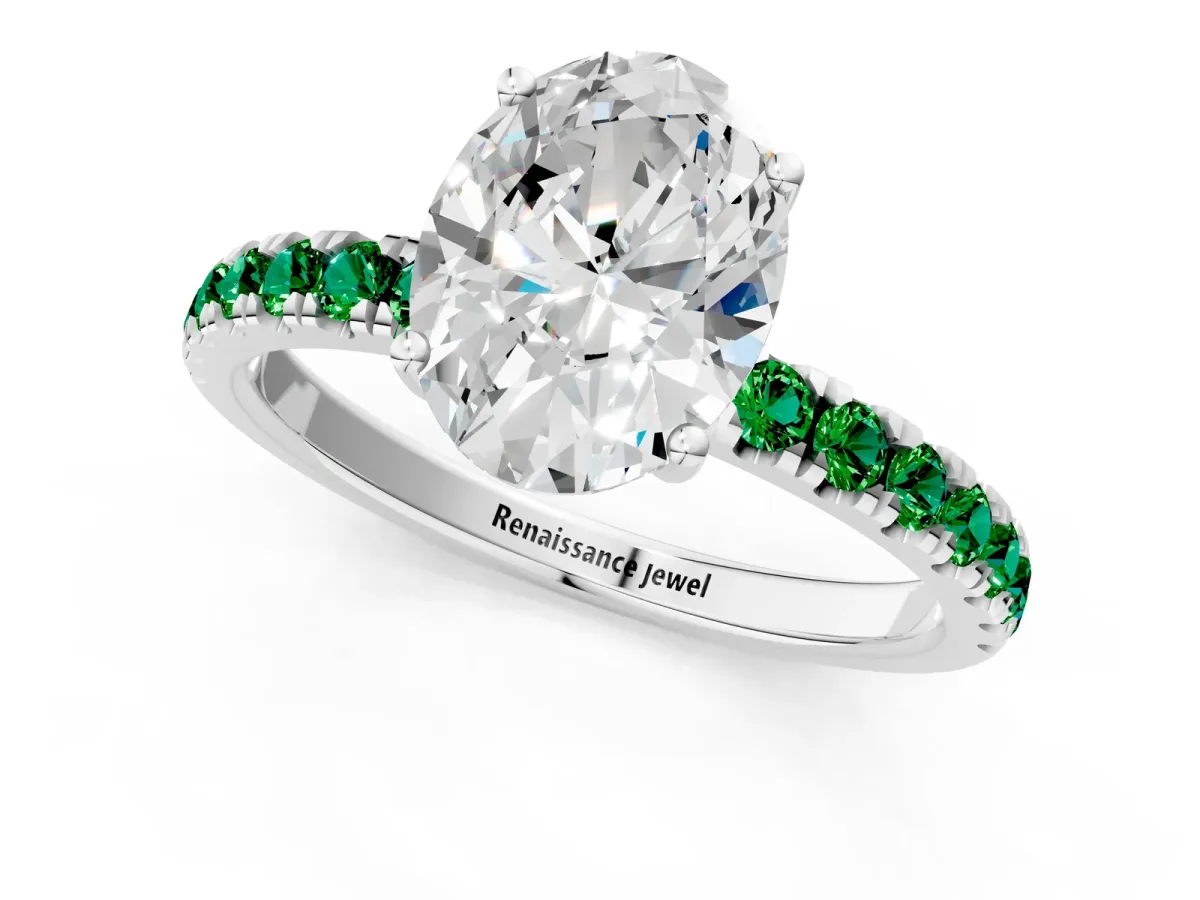 Oval Cut Diamond Pave Band Solitaire Ring with Round Emerald and Prong Setting White gold
