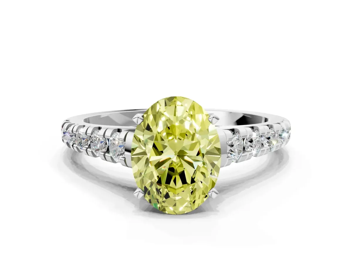 Fancy Yellow Oval Cut Diamond Cathedral Solitaire Ring with Round Pavé Band Silver