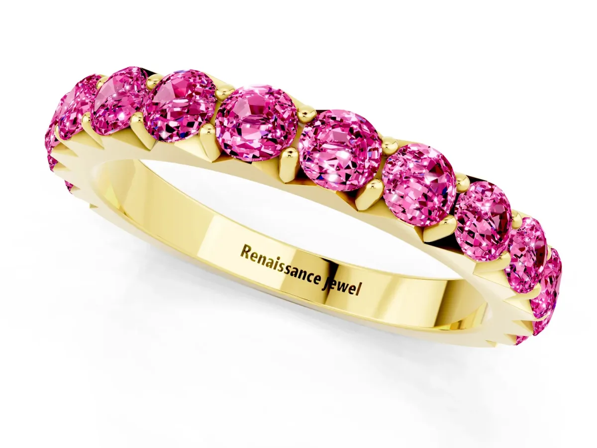 Round Pink Sapphire Half Eternity Band with Classic Prong Setting Yellow gold