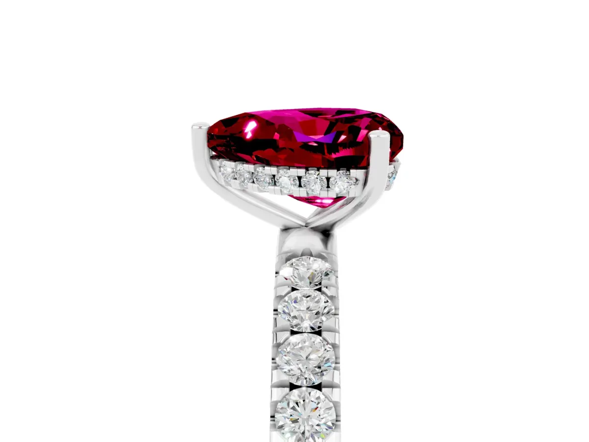 Heart Cut Garnet Pave Band Solitaire Ring with Round and Prong Setting Platinum