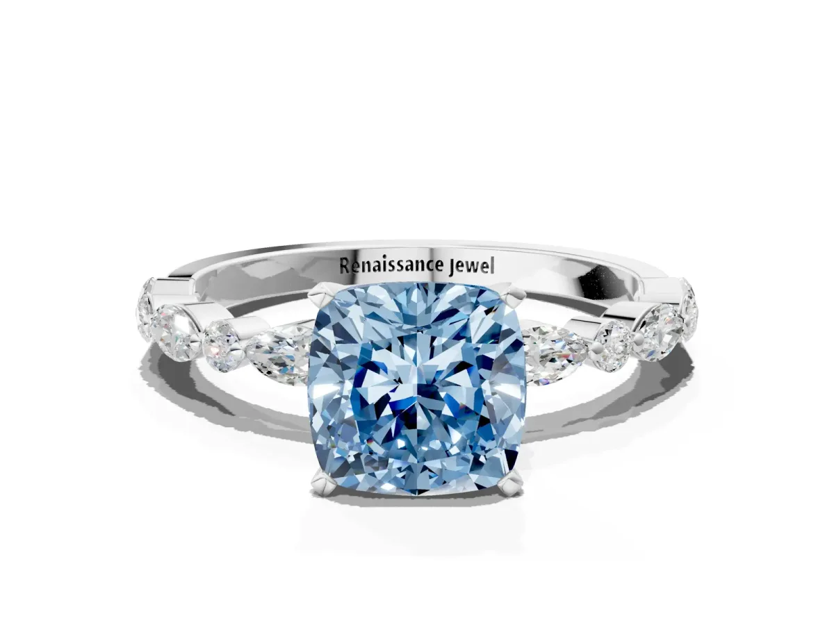 Fancy Blue Cushion Cut Diamond Ring with Marquise and Round Side Stones and Four-Prong Setting Platinum