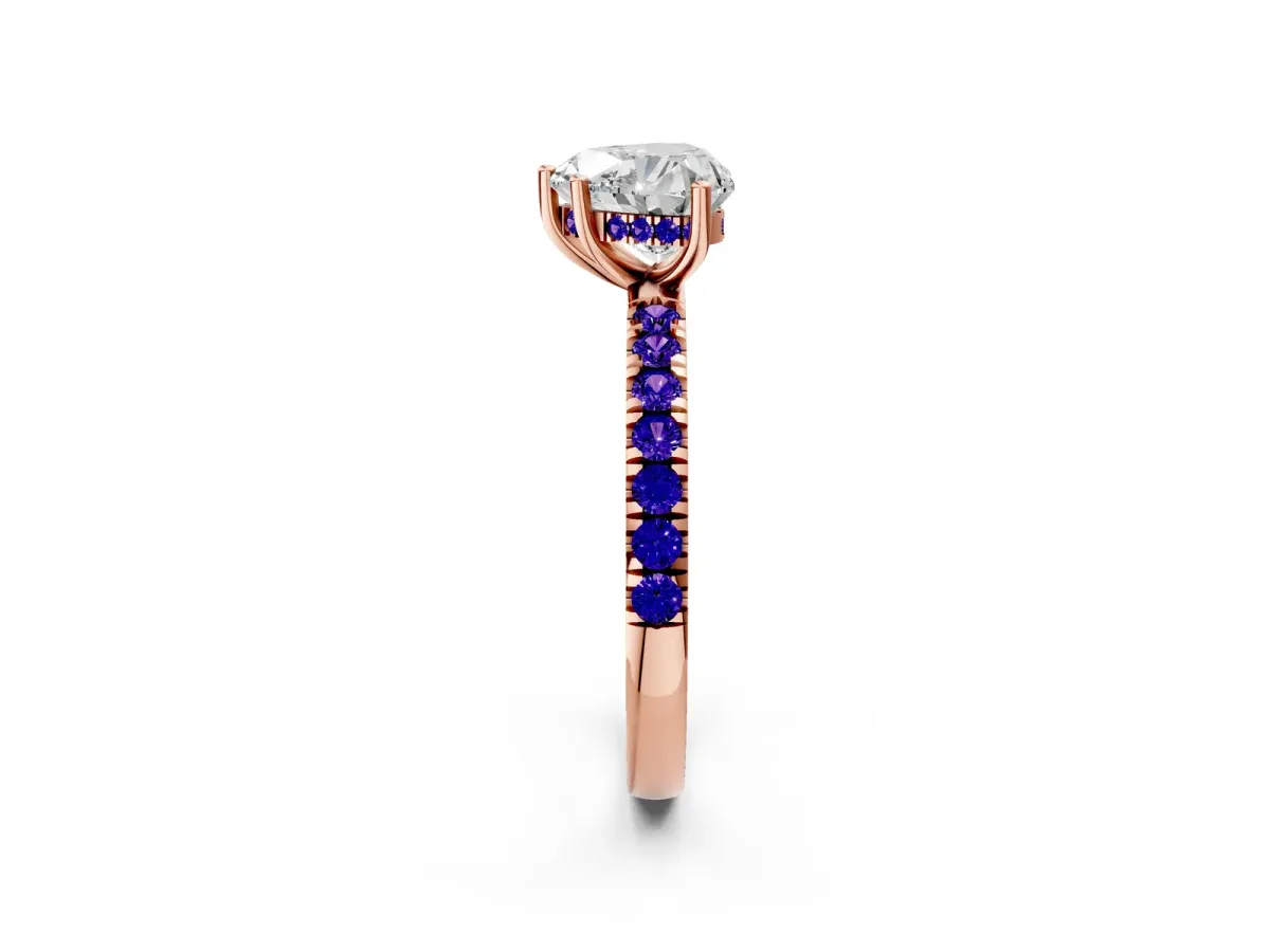 Heart Cut Diamond Pave Band Solitaire Ring with Round Tanzanite and Prong Setting Rose gold