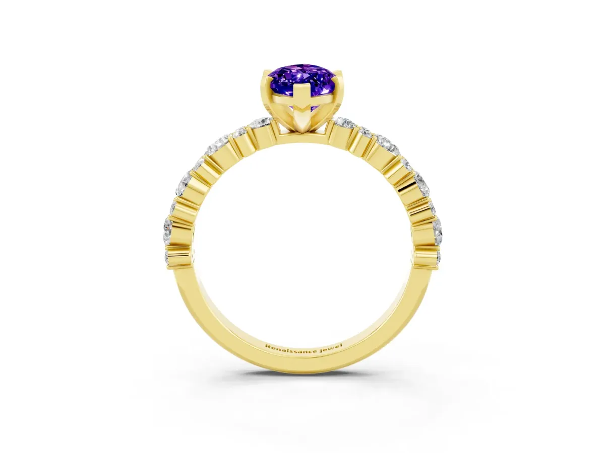 Marquise Cut Tanzanite Side Stone Solitaire Ring with Round and Four-Prong Setting Yellow gold
