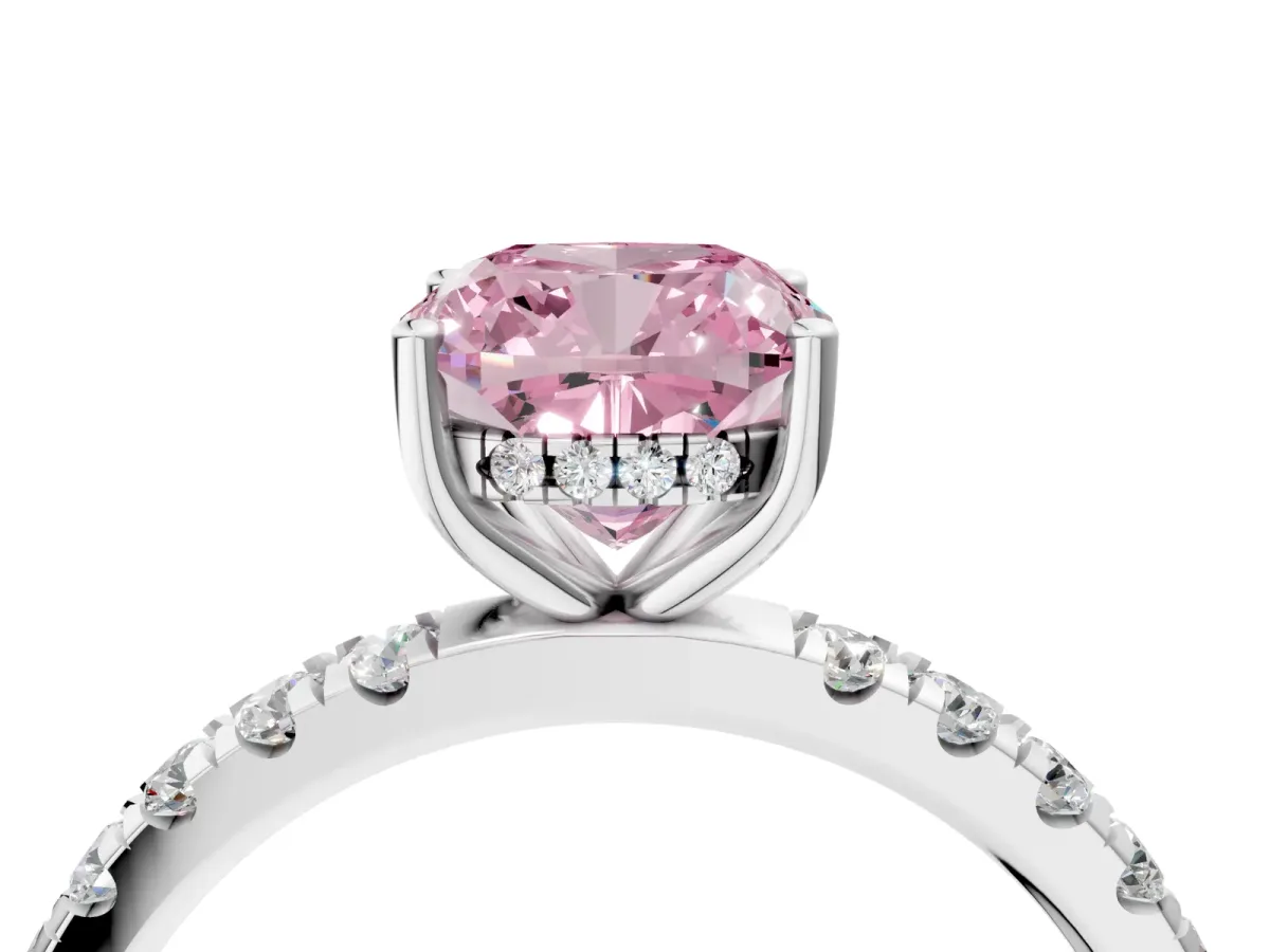 Fancy Pink Cushion Cut Diamond Pave Band Solitaire Ring with Round and Prong Setting Platinum