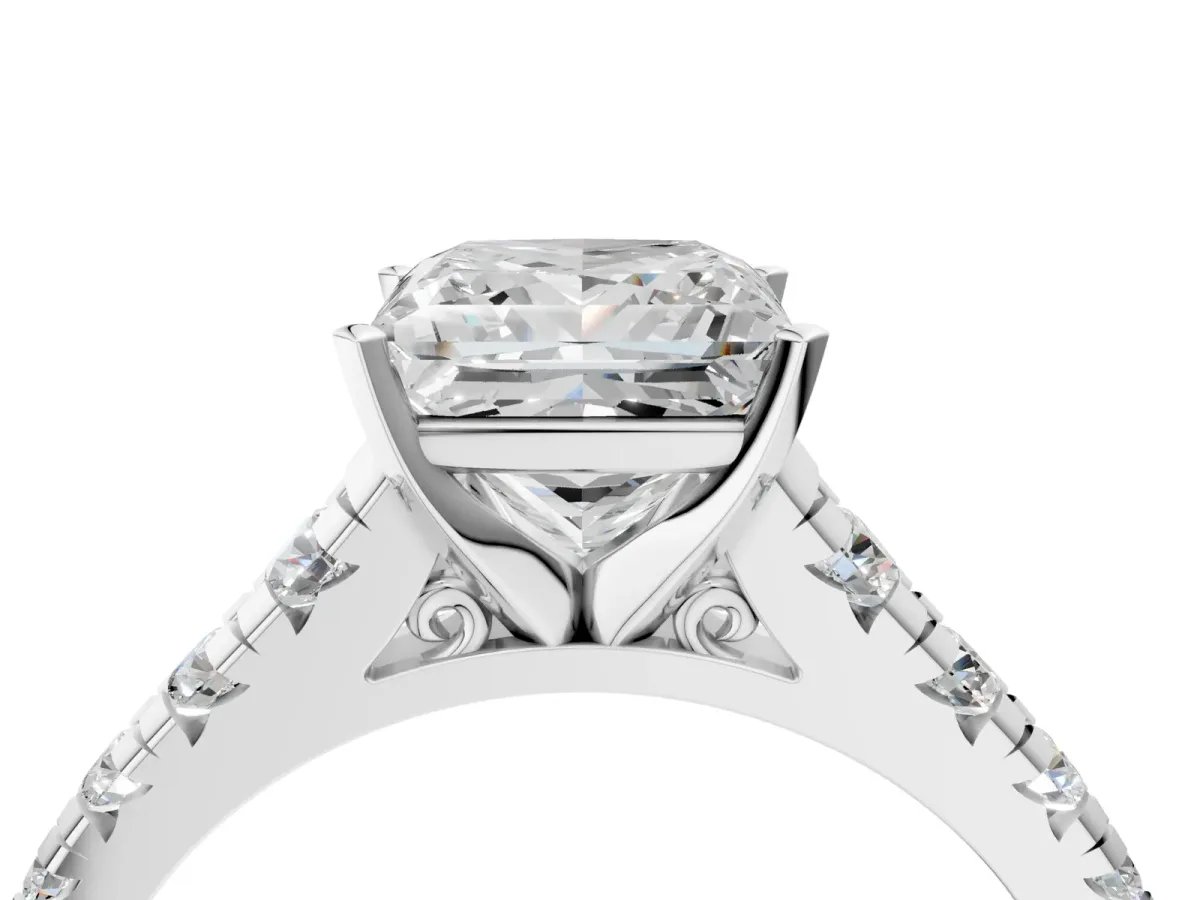 Princess Cut Diamond Cathedral Solitaire Ring with Round Moissanite Pavé Band Platinum