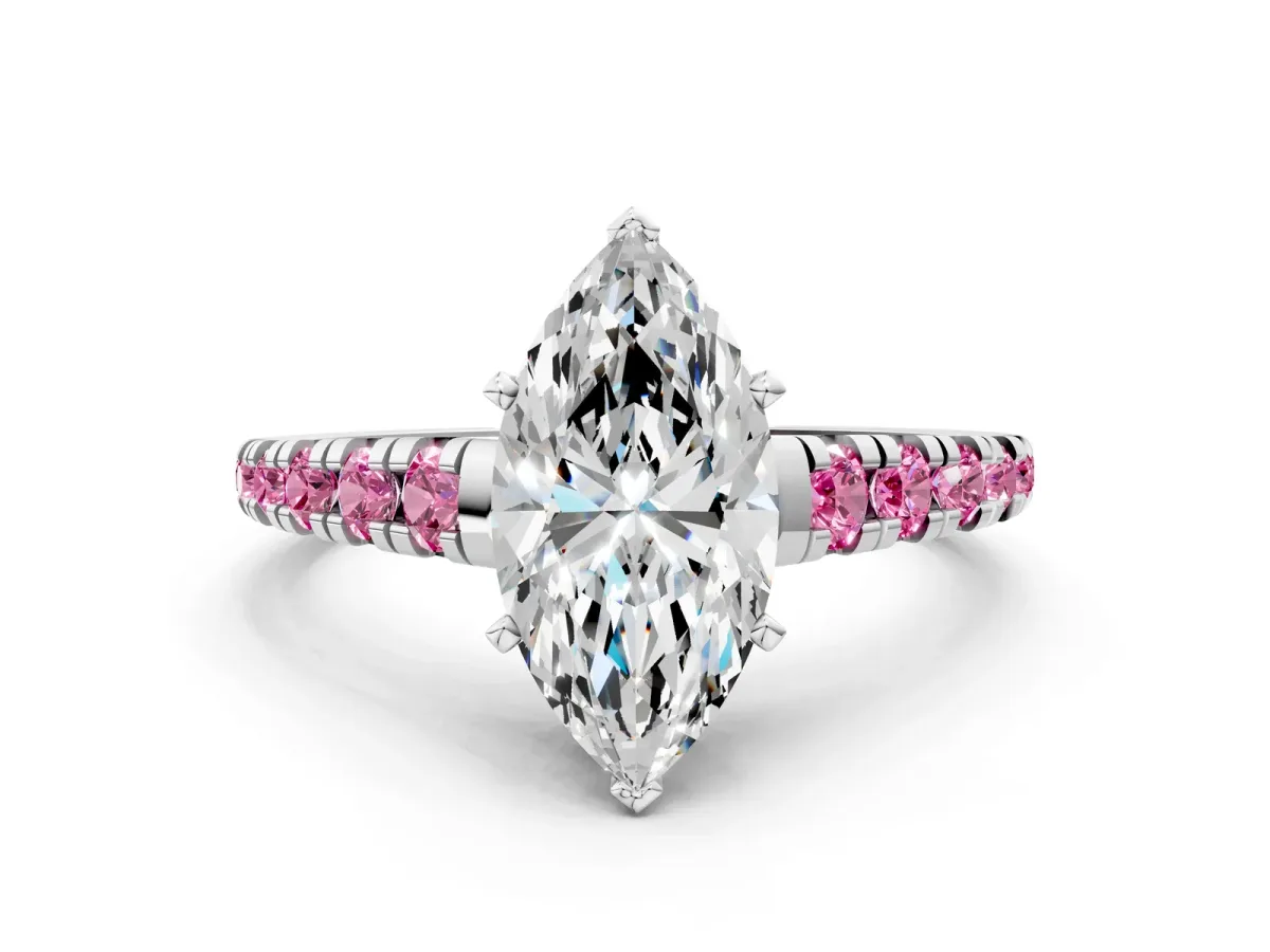 Marquise Cut Diamond Cathedral Solitaire Ring with Round Pink Sapphire Pavé Band Silver