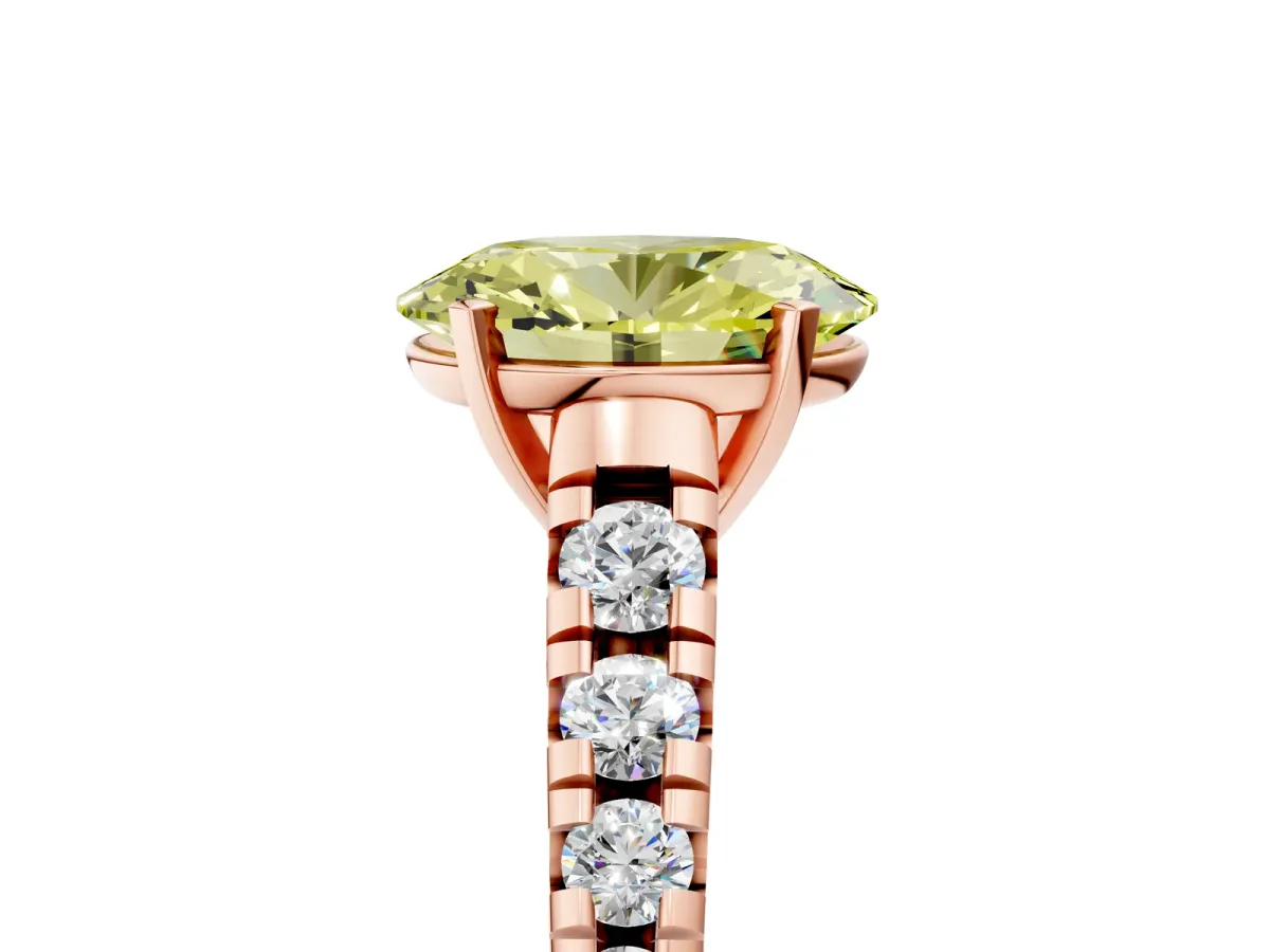 Fancy Yellow Oval Cut Diamond Cathedral Solitaire Ring with Round Pavé Band Rose gold