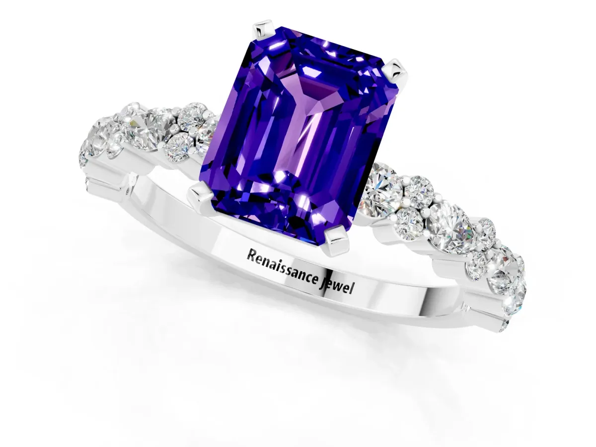 Emerald Cut Tanzanite Side Stone Solitaire Ring with Round and Four-Prong Setting Platinum