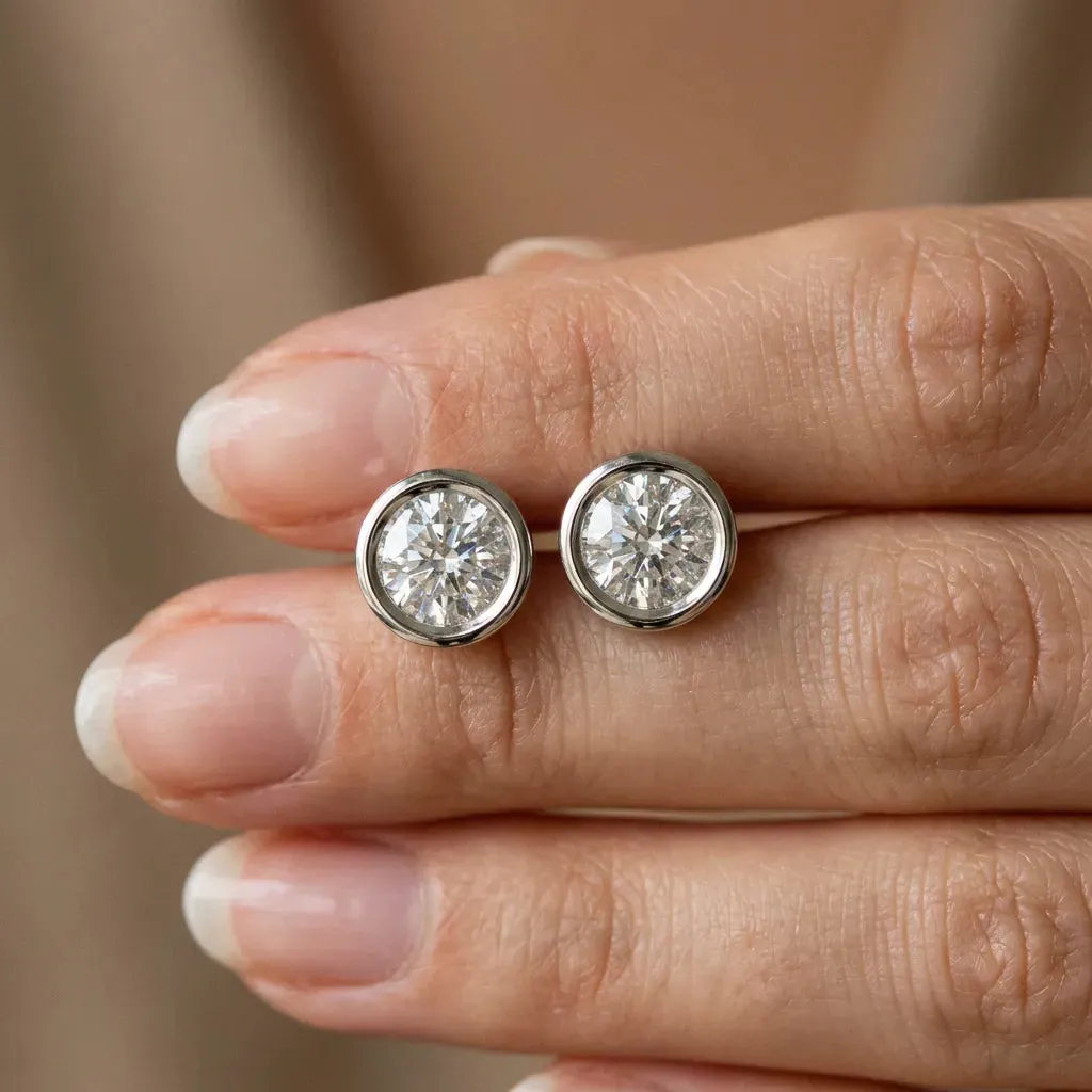 Bezel Set Round Diamond Stud Earrings Silver