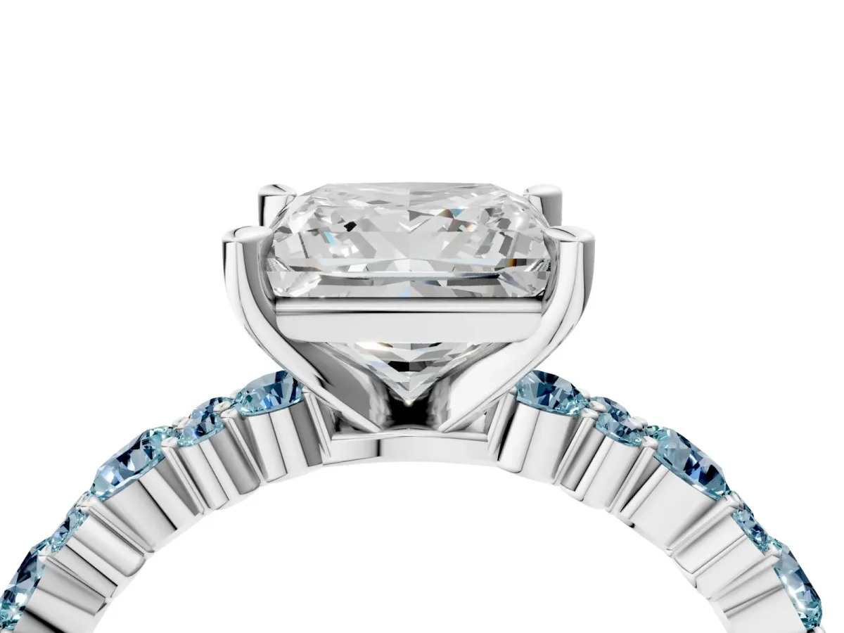 Princess Cut Diamond Side Stone Solitaire Ring with Round Aquamarine and Four-Prong Setting Platinum