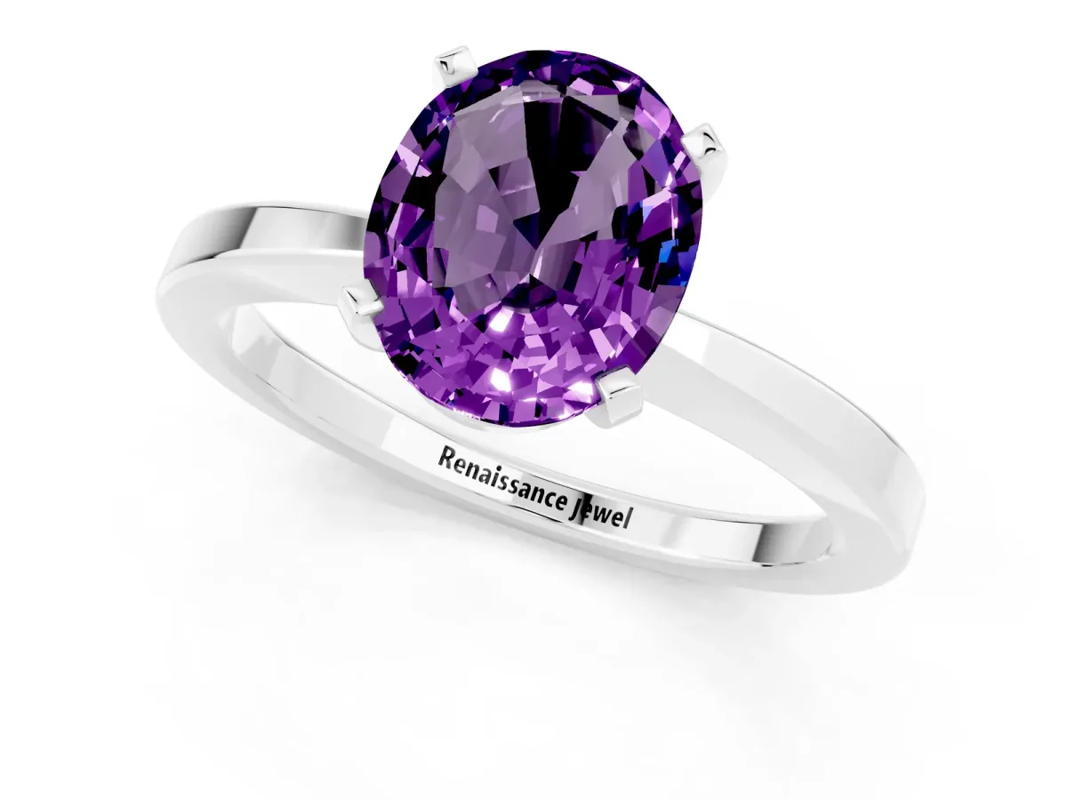 Oval Cut Amethyst Solitaire Engagement Ring with Classic Band and Four-Prong Setting White gold
