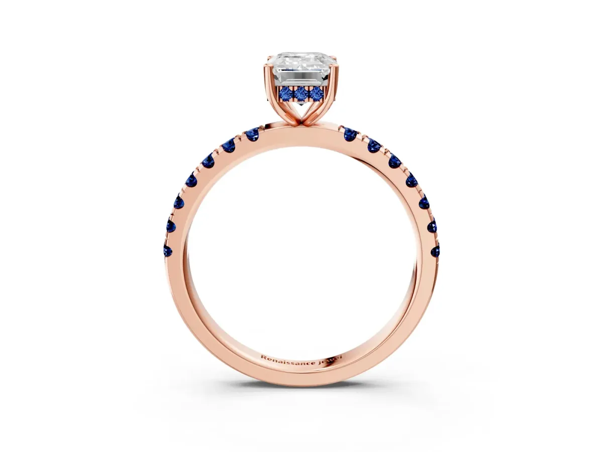 Emerald Cut Diamond Pave Band Solitaire Ring with Round Blue Sapphire and Prong Setting Rose gold