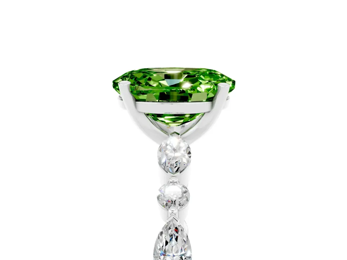 Oval Cut Peridot Ring with Marquise and Round Side Stones and Four-Prong Setting Silver