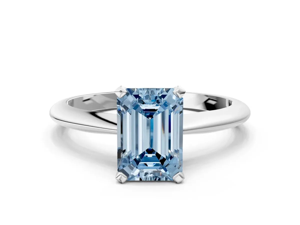 Fancy Blue Emerald Cut Diamond Solitaire Engagement Ring with Classic Band and Four-Prong Setting White gold
