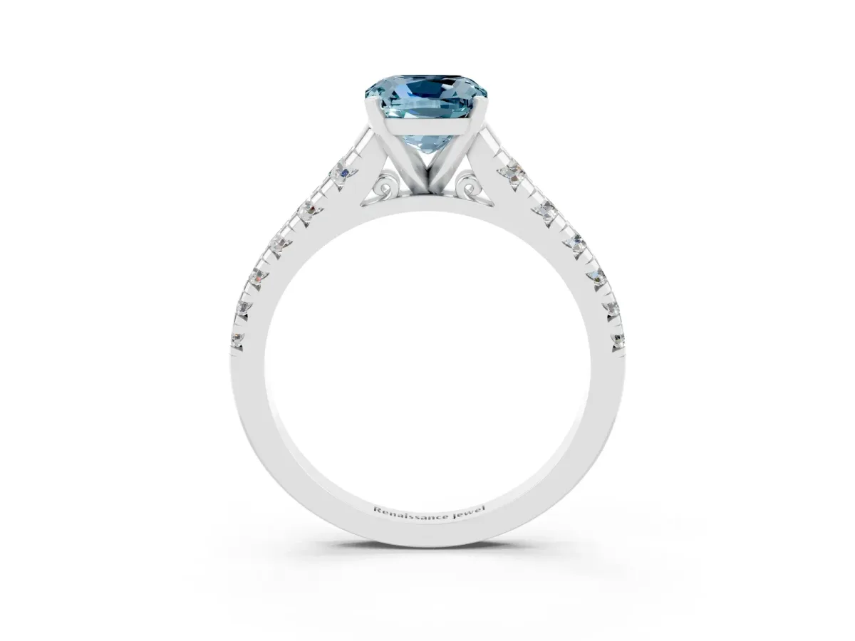 Cushion Cut Aquamarine Cathedral Solitaire Ring with Round Pavé Band Silver