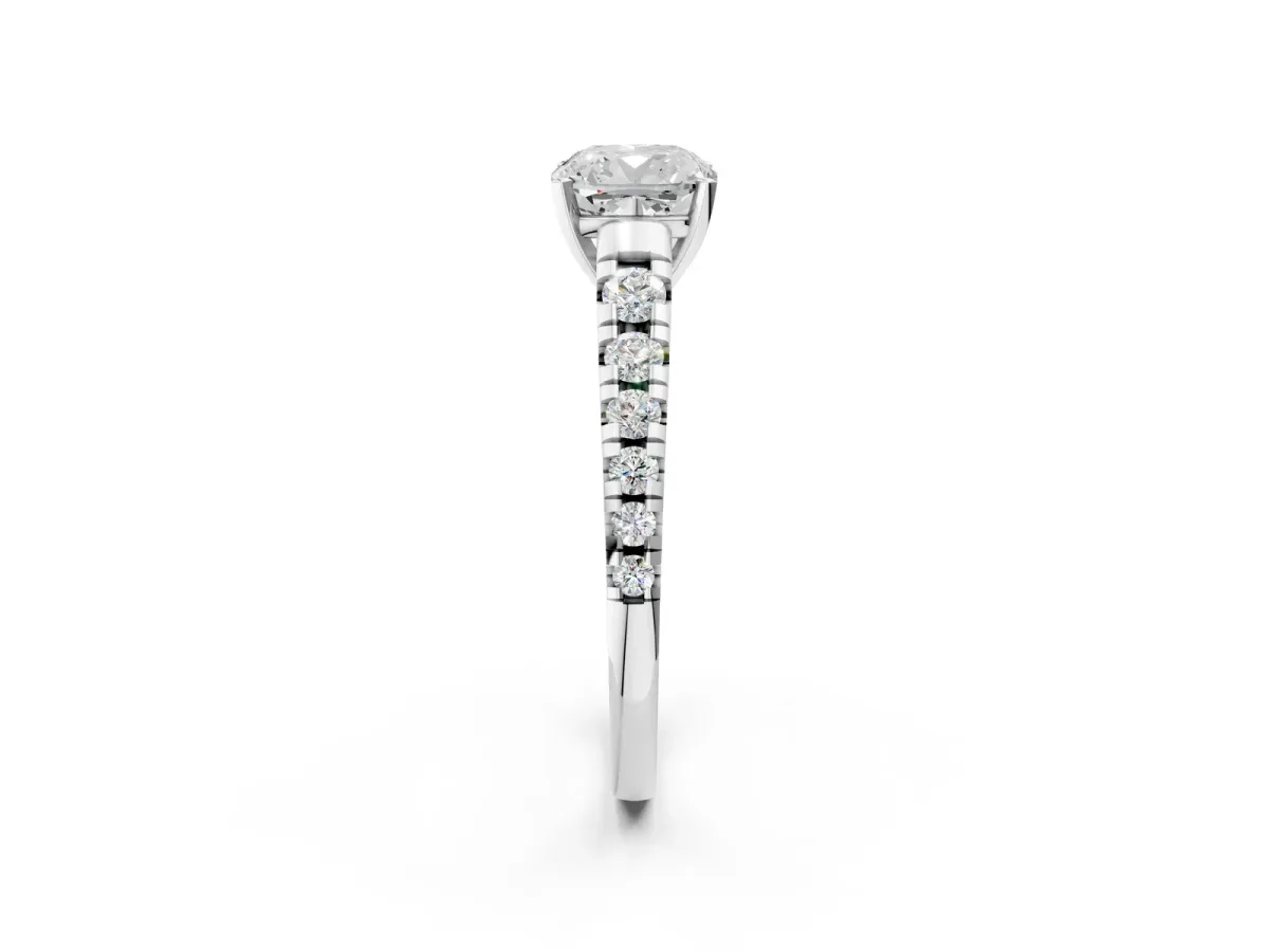 Cushion Cut Diamond Cathedral Solitaire Ring with Round Moissanite Pavé Band White gold