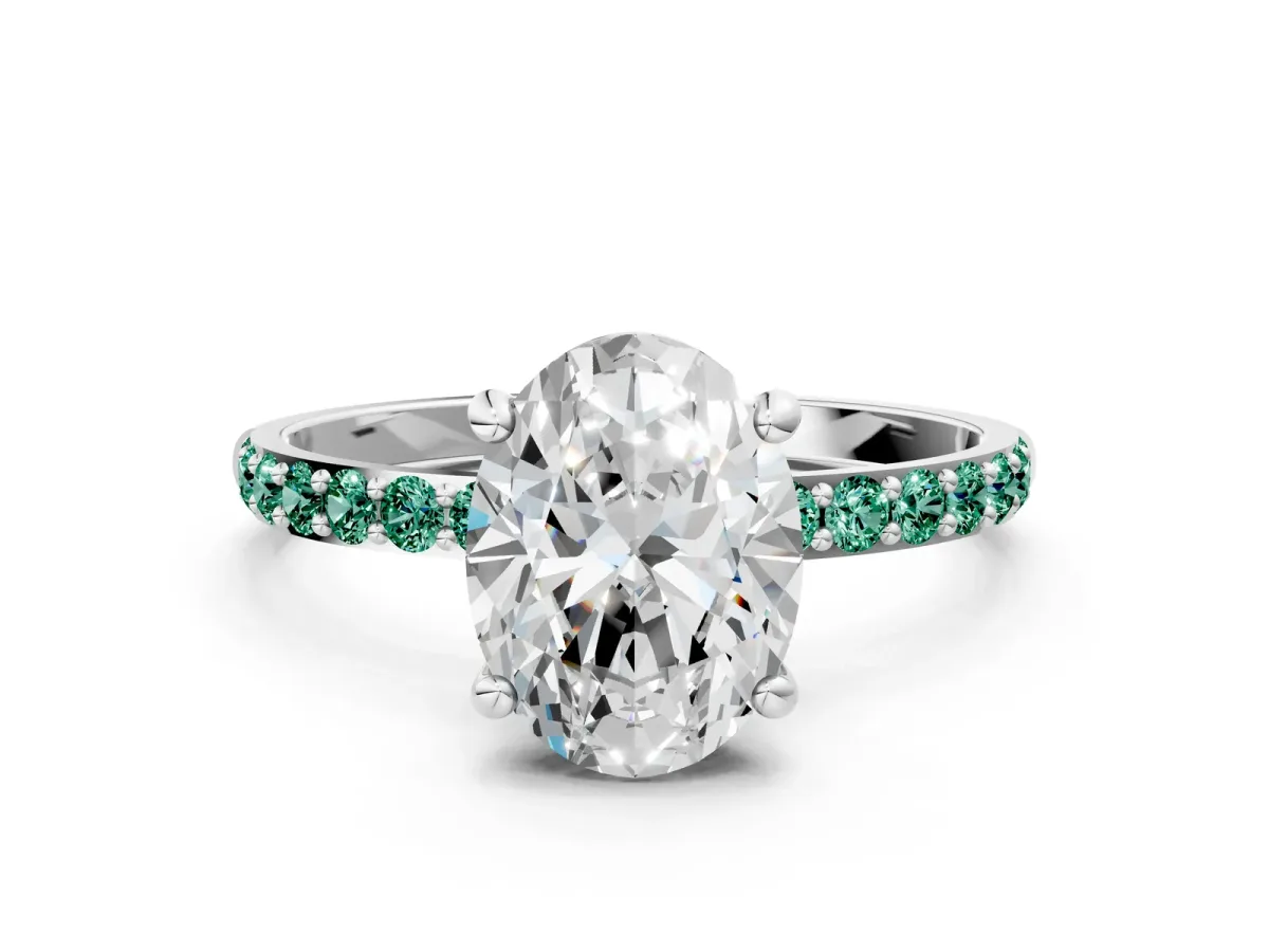 Oval Cut Diamond Solitaire Ring with Round Green Sapphire Pavé Band and Prong Setting Platinum