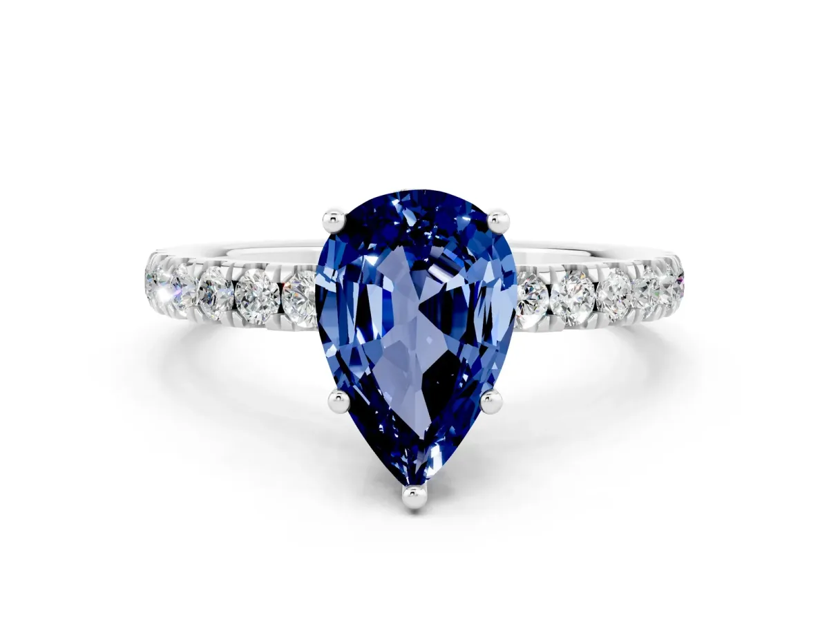 Pear Cut Blue Sapphire Pave Band Solitaire Ring with Round and Prong Setting Platinum