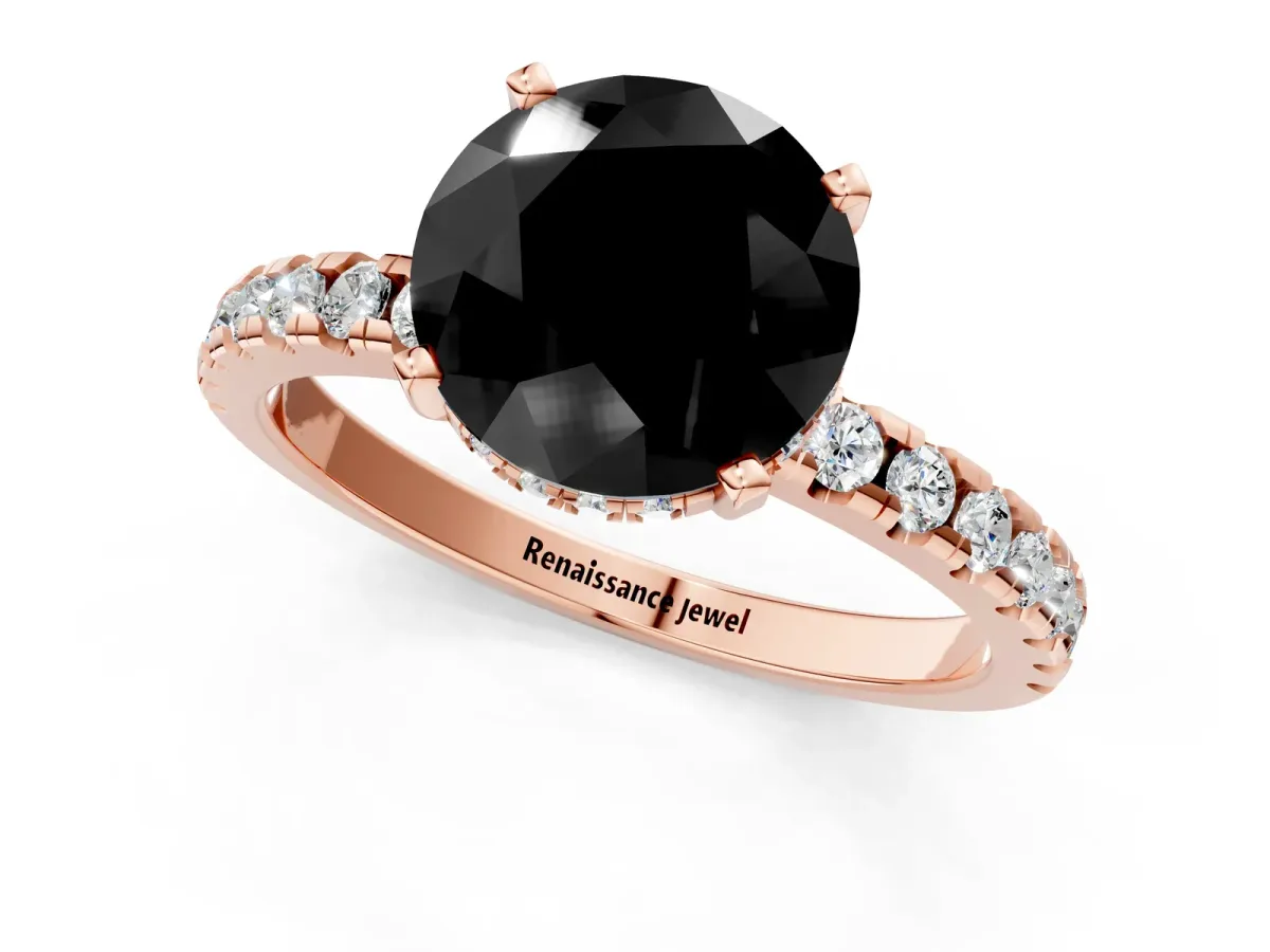 Fancy Black Round Cut Diamond Solitaire Ring with Round Pavé Band and Four-Prong Setting Rose gold