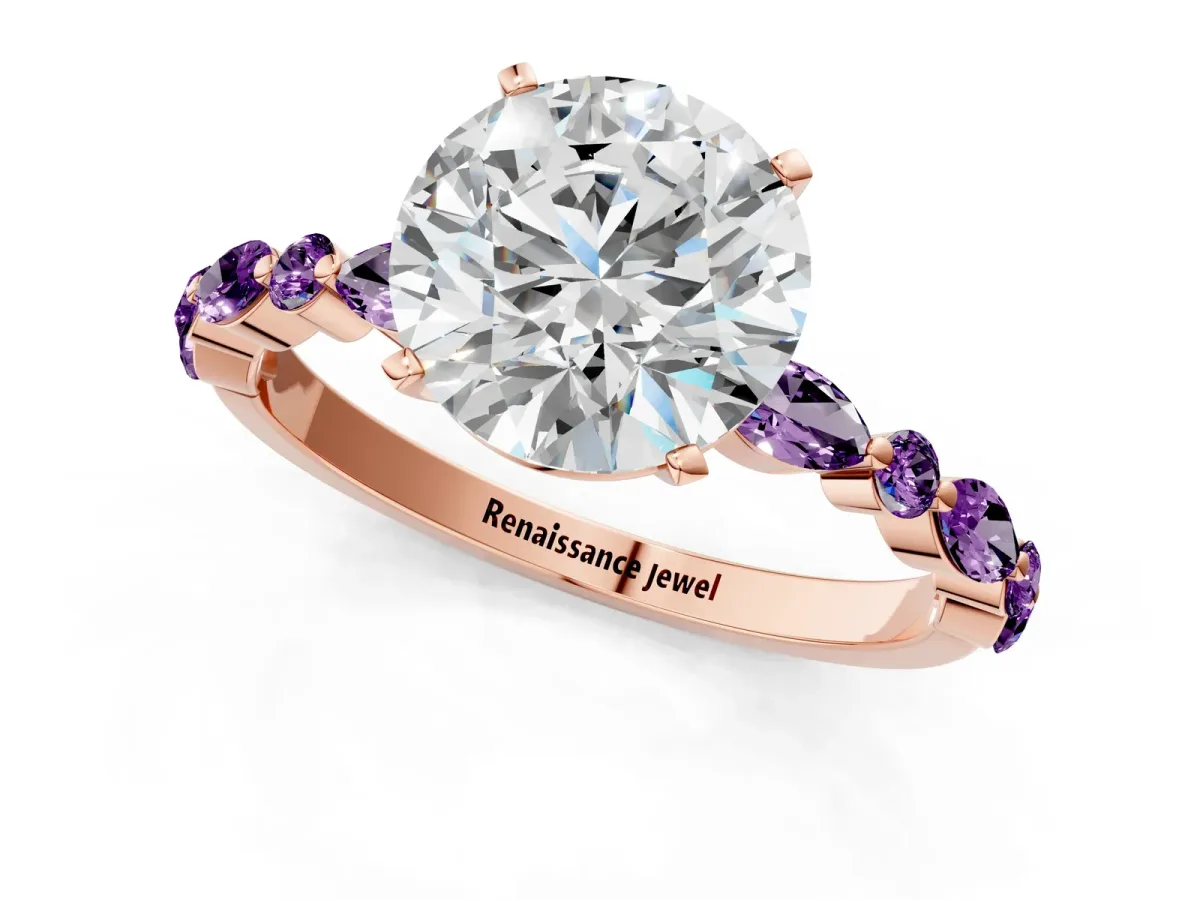 Round Cut Diamond Ring with Marquise and Round Amethyst Side Stones and Four-Prong Setting Rose gold