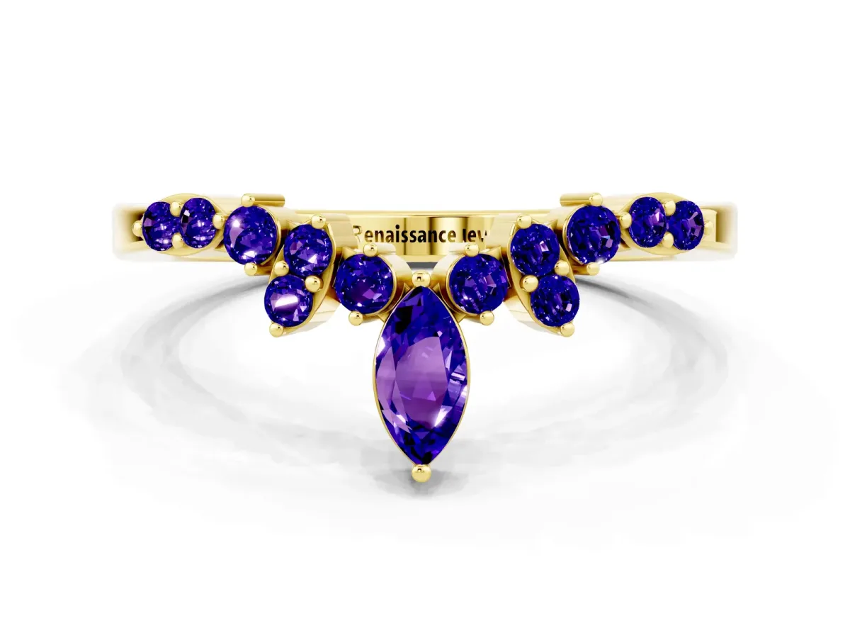 Marquise and Round Tanzanite Chevron Band with Prong Setting Yellow gold