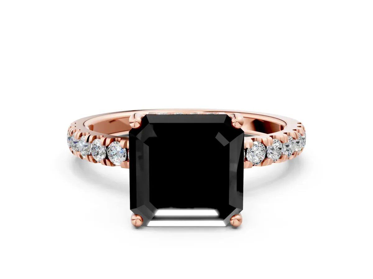 Fancy Black Asscher Cut Diamond Pave Band Solitaire Ring with Round and Prong Setting Rose gold