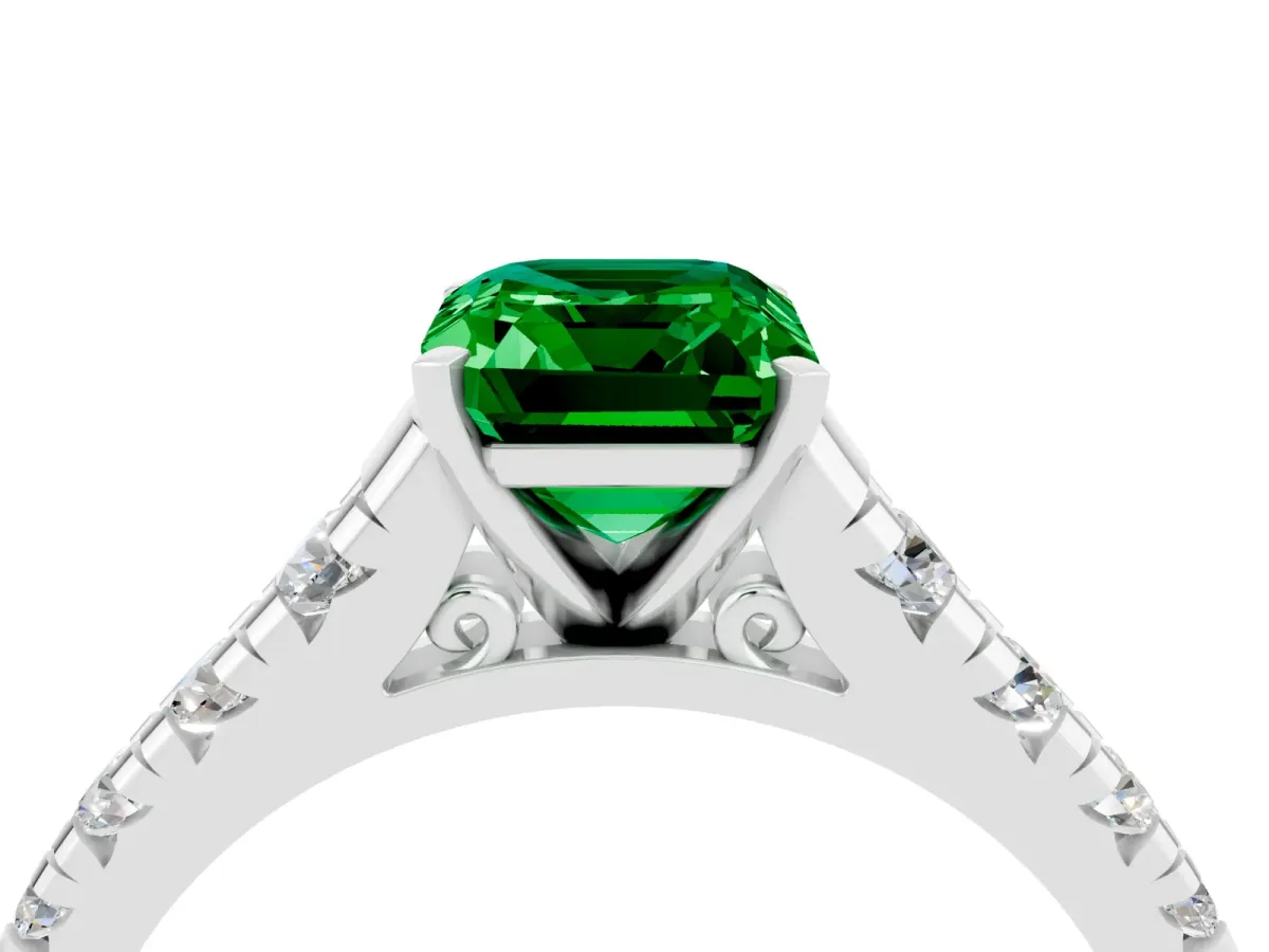 Emerald Cut Emerald Cathedral Solitaire Ring with Round Pavé Band Platinum