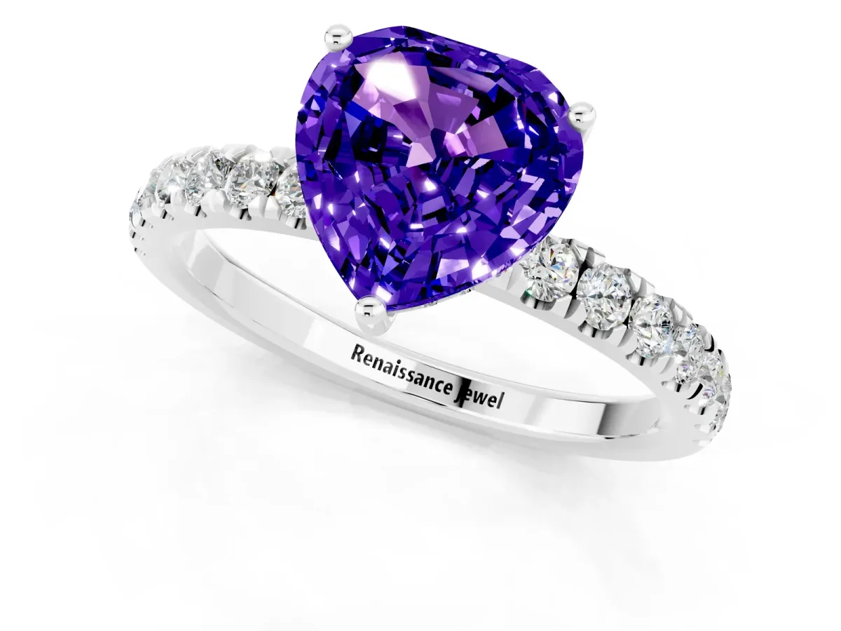 Heart Cut Tanzanite Pave Band Solitaire Ring with Round and Prong Setting Silver