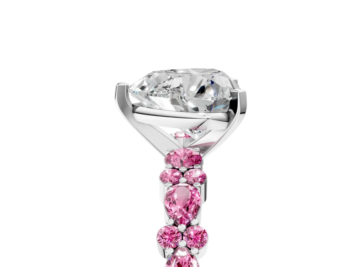 Heart Cut Diamond Side Stone Solitaire Ring with Round Pink Sapphire and Four-Prong Setting Platinum