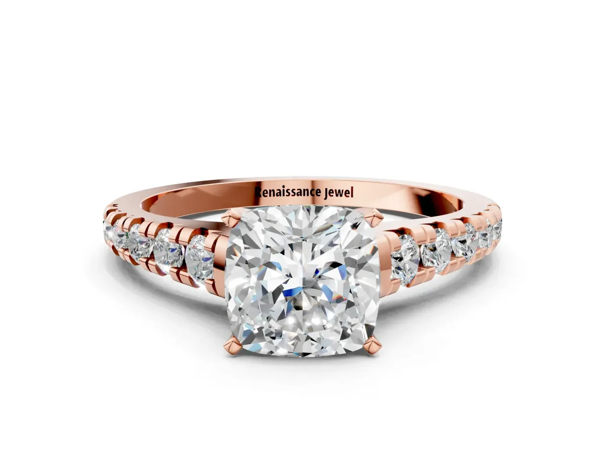 Cushion Cut Diamond Cathedral Solitaire Ring with Round Pavé Band Rose gold