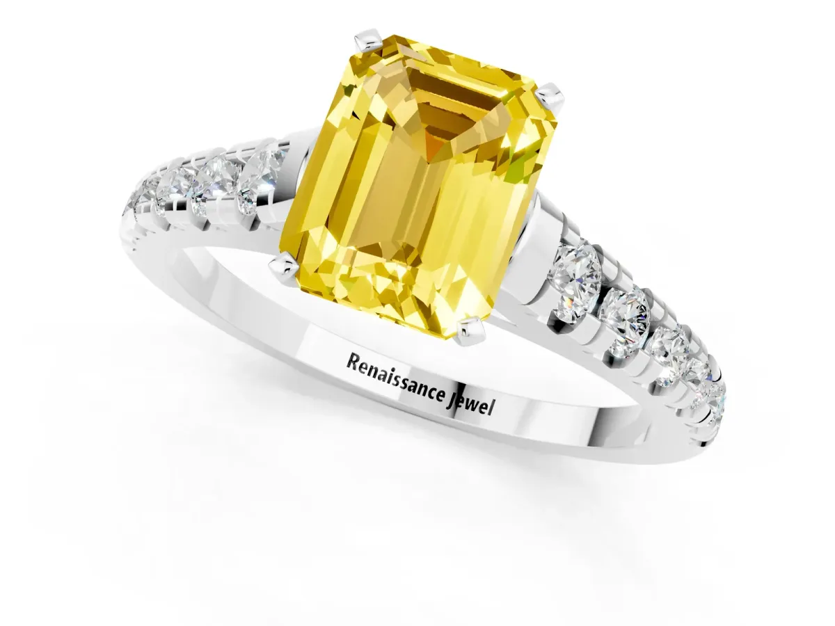 Emerald Cut Yellow Sapphire Cathedral Solitaire Ring with Round Pavé Band White gold
