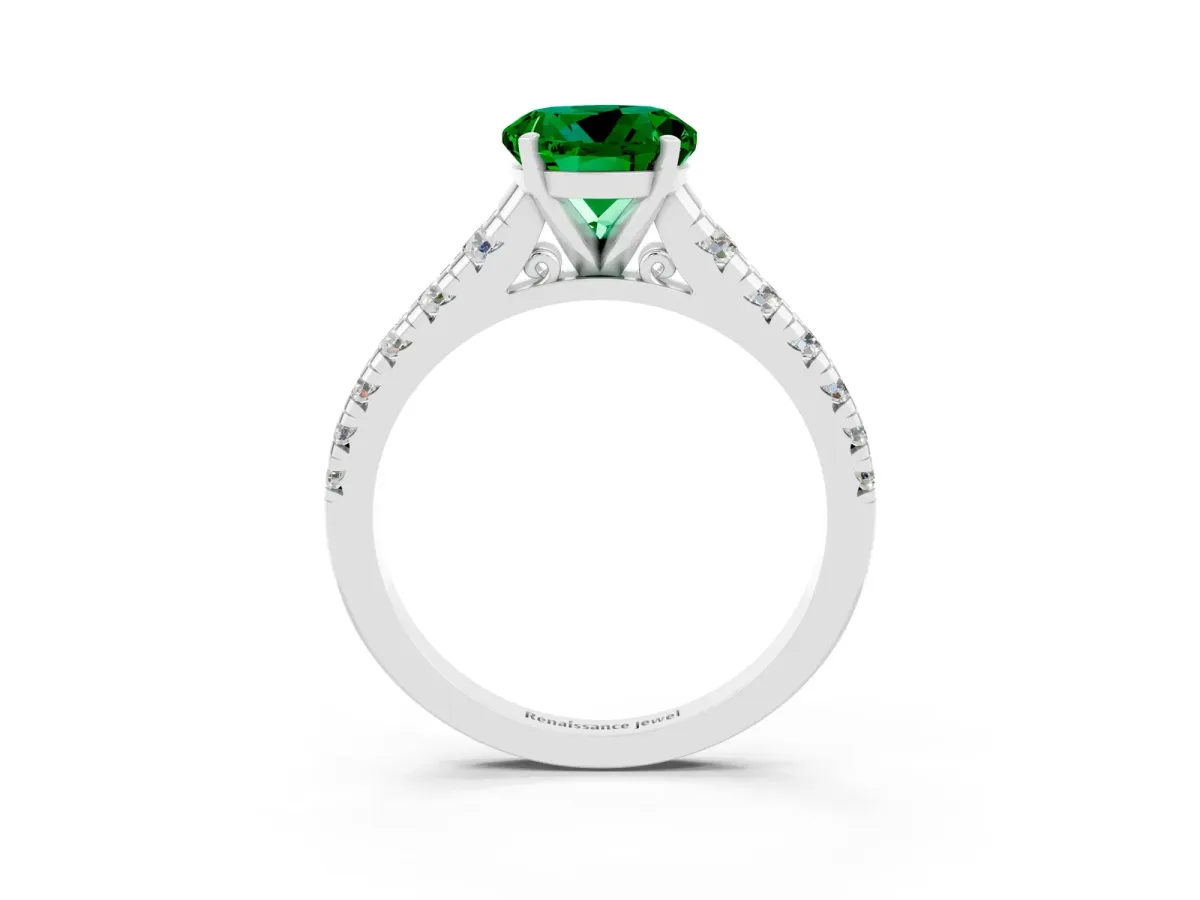 Round Cut Emerald Cathedral Solitaire Ring with Round Pavé Band Platinum