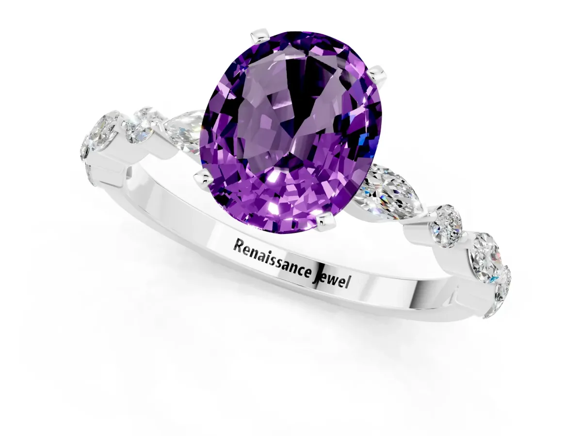 Oval Cut Amethyst Ring with Marquise and Round Side Stones and Four-Prong Setting Platinum