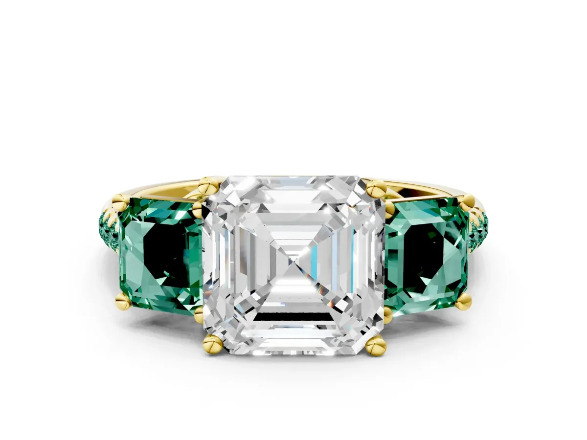 Three-Stone Asscher Cut Diamond Ring with Round Green Sapphire Pavé Band and Prong Setting Yellow gold
