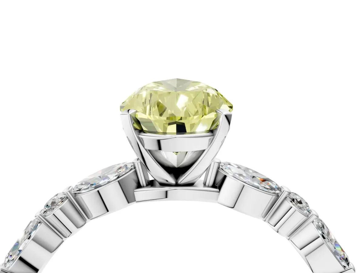 Fancy Yellow Pear Cut Diamond Ring with Marquise and Round Side Stones and Four-Prong Setting Platinum
