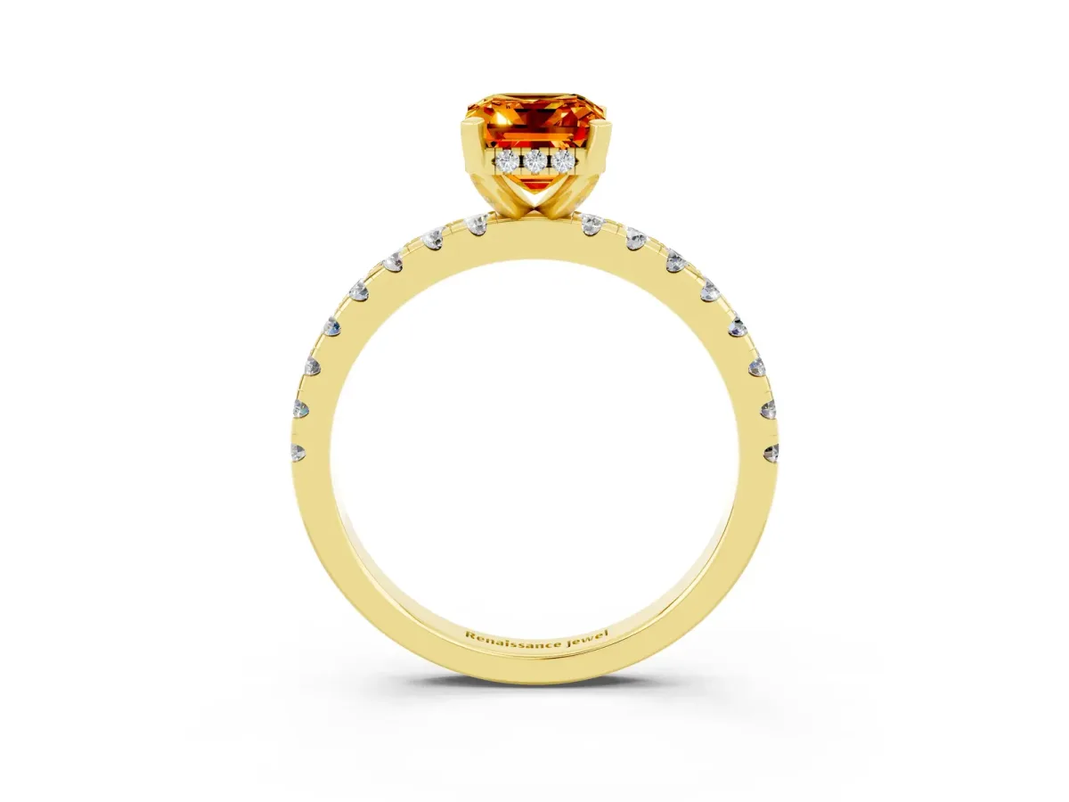 Emerald Cut Citrine Solitaire Ring with Round Pavé Band and Four-Prong Setting Yellow gold