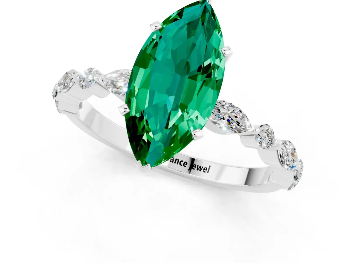 Marquise Cut Emerald Ring with Marquise and Round Side Stones and Four-Prong Setting Platinum