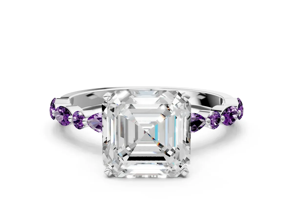 Asscher Cut Diamond Ring with Marquise and Round Amethyst Side Stones and Four-Prong Setting Platinum